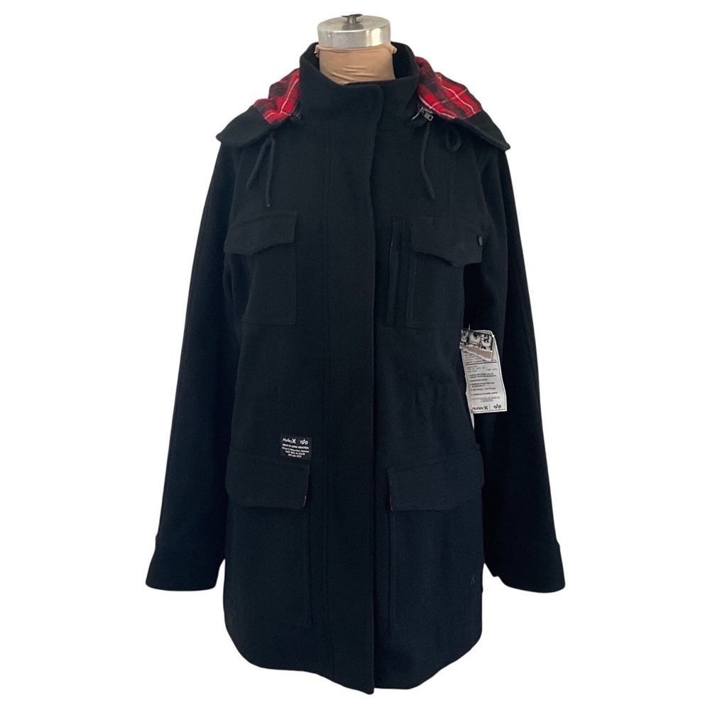 Hurley x Alpha Industries Winston Black Wool Hooded Military Coat Women's M NWT